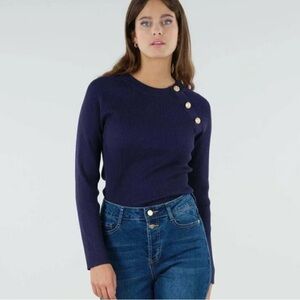 Deeluxe Women Navy Fausta Pullover Ribbed Raglan Long Sleeve Button Sweater XL